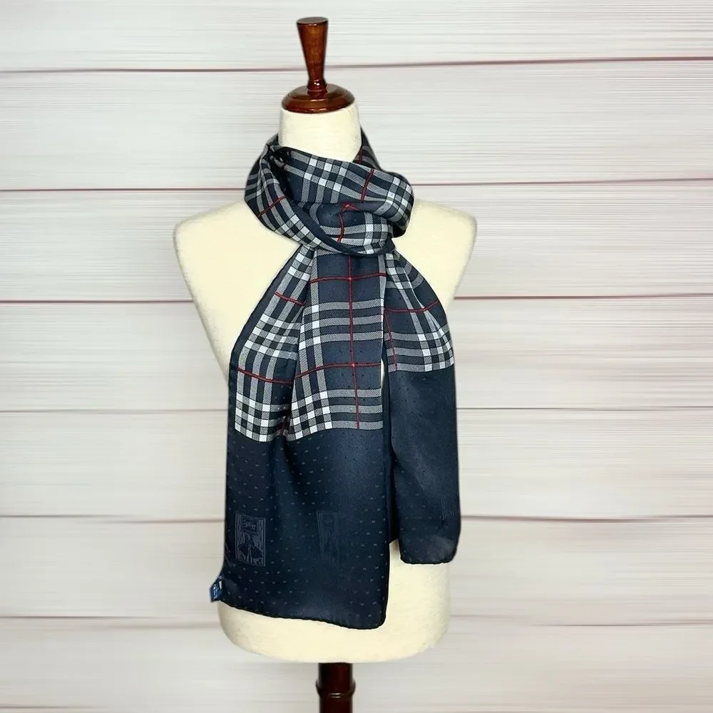 NWT Burberry Silk Oblong Scarf Navy Blue Nova Check Vintage Hand Rolled New